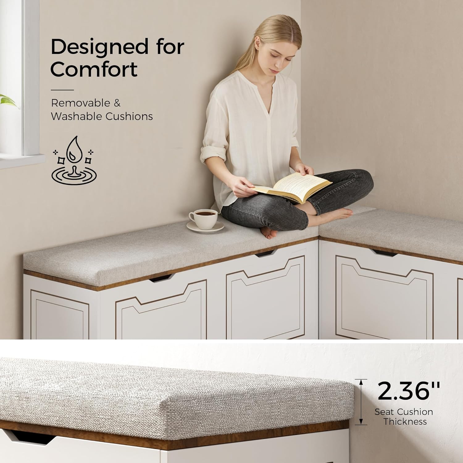 L Shaped Corner Bench with Storage, Breakfast Nook Bench, 63" L-Shaped Kitchen Nook Seating, Hidden Flip-Top Storage Compartments for Entryway, Dining Room, Hallway, Cloakroom, w/Grey Cushion
