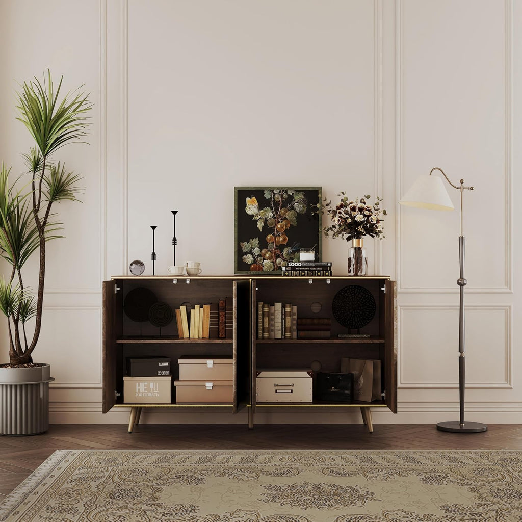Sideboard Buffet Cabinet with Raised Shaped & Geometric Line Texture Door Panel, Accent Storage Cabinet for Living Room (Cabinet Body- Oak, 4 Door-15 D x 61" W x 34.5" H)