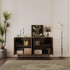 Sideboard Buffet Cabinet with Raised Shaped & Geometric Line Texture Door Panel, Accent Storage Cabinet for Living Room (Cabinet Body- Oak, 4 Door-15 D x 61" W x 34.5" H)