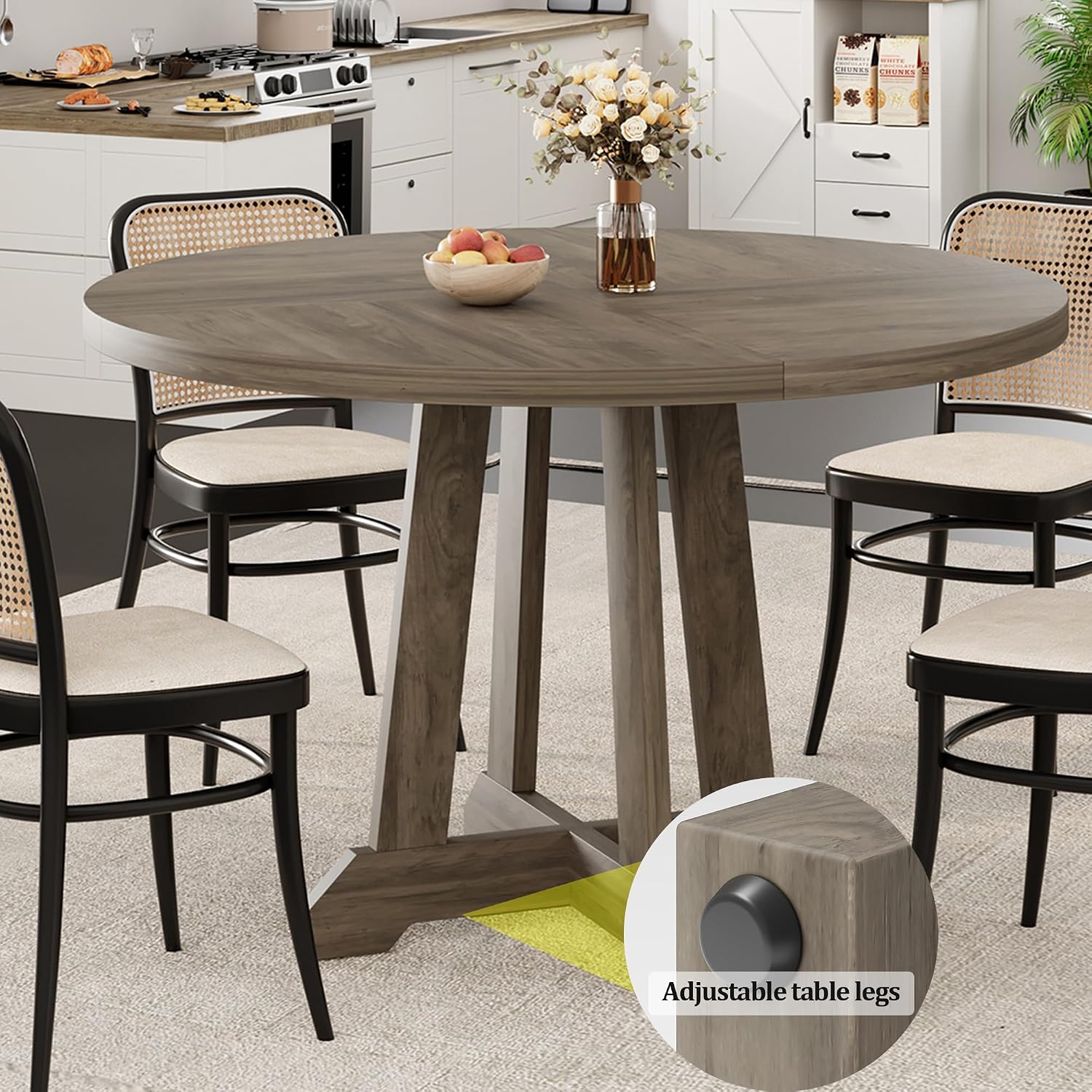 Garvee 47 Inch Round Dining Table for 4-6, Wood Kitchen Table with Cross Base and Adjustable Foot Pads, Dining Room Table with Circle Tabletop for Dining Room, Kitchen, Living Room, Brown