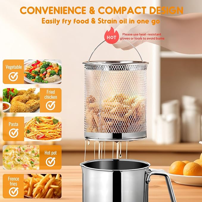 Chihee Grease Container Deep Fryer 2 in 1 Stainless Steel Bacon Grease Saver with Fine Mesh Strainer Fry Basket 2L / 67.6 fl oz Oil Container Grease Can with Lid Tray for Kitchen Storing Frying