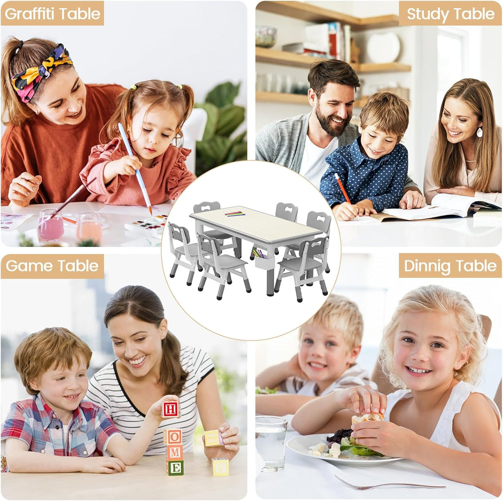 Kids Table and Chairs Set Height Adjustable Table and 6 Chairs for Toddlers | 120*60 cm Graffiti Table | Non-slip Caps | Ergonomic Chair | Rounded Corners | Suitable for Daycare, Classrooms, Home