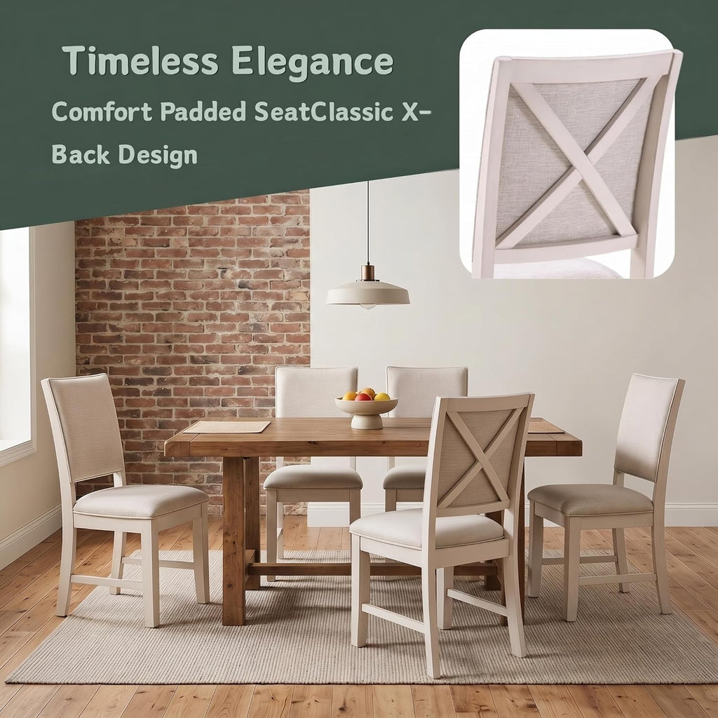 Farmhouse Dining Chairs Set of 4 Upholstered Kitchen Chairs with Cross Back Armless Wooden Side Chairs for Dining Room, Living Room, Reception (Grey Linen + White Frame)