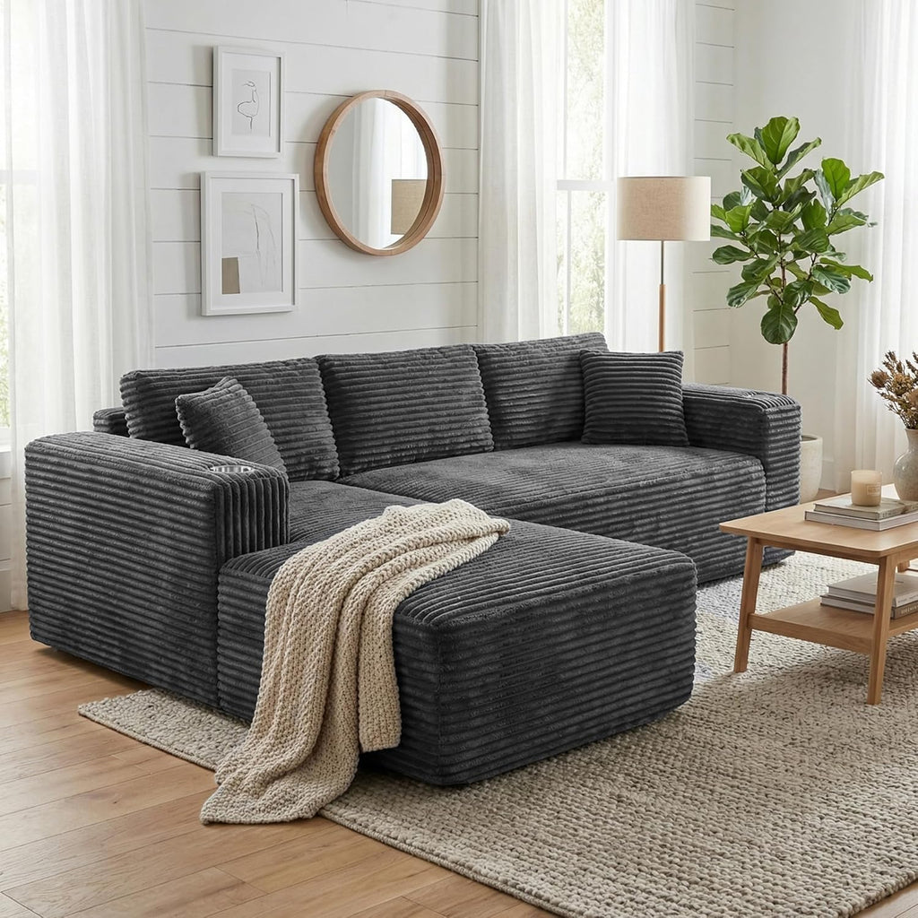 Shintenchi 103" Couches for Living Room with 2 Cup Holders,L Shaped Modular Sectional Sofa Set,No Assembly Needed Plush Corduroy Living Room Set,Dark Gray