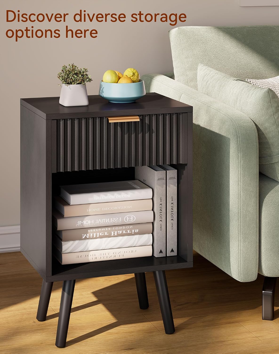 YMYNY Mid Century Modern Nightstand Set of 2, Side Table with Fluted Drawer, Open Shelf Unit, Golden Handle, Solid Wood Legs, Bedside Table, for Bedroom, Black UHST013B-2