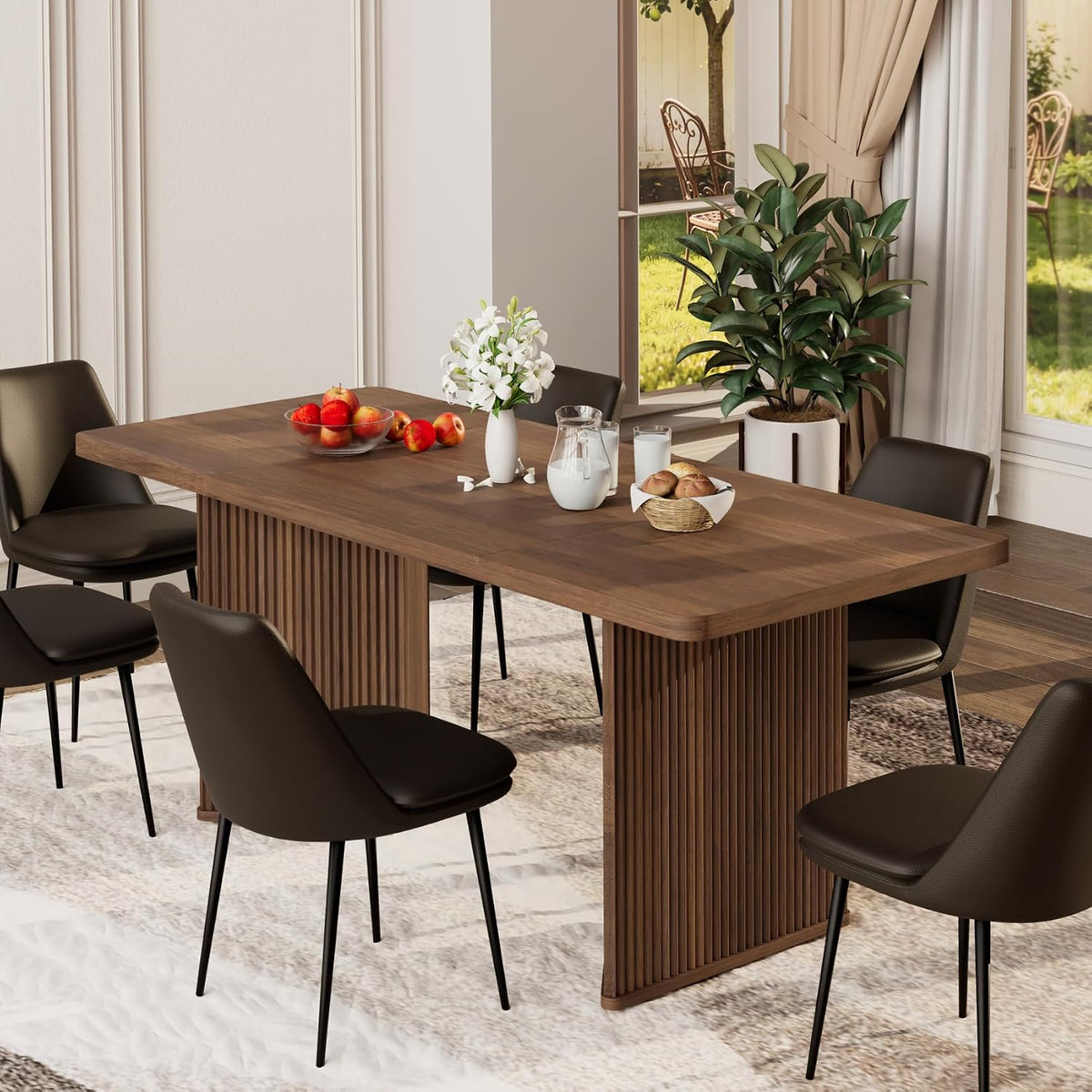 71 inch Rectangular Wood Dining Table for 6-8 People, Modern Fluted Pedestal Kitchen Table, Heavy Duty Waterproof Thickened Tabletop, Farmhouse Long Dinner Table for Home Restaurant, Walnut Brown