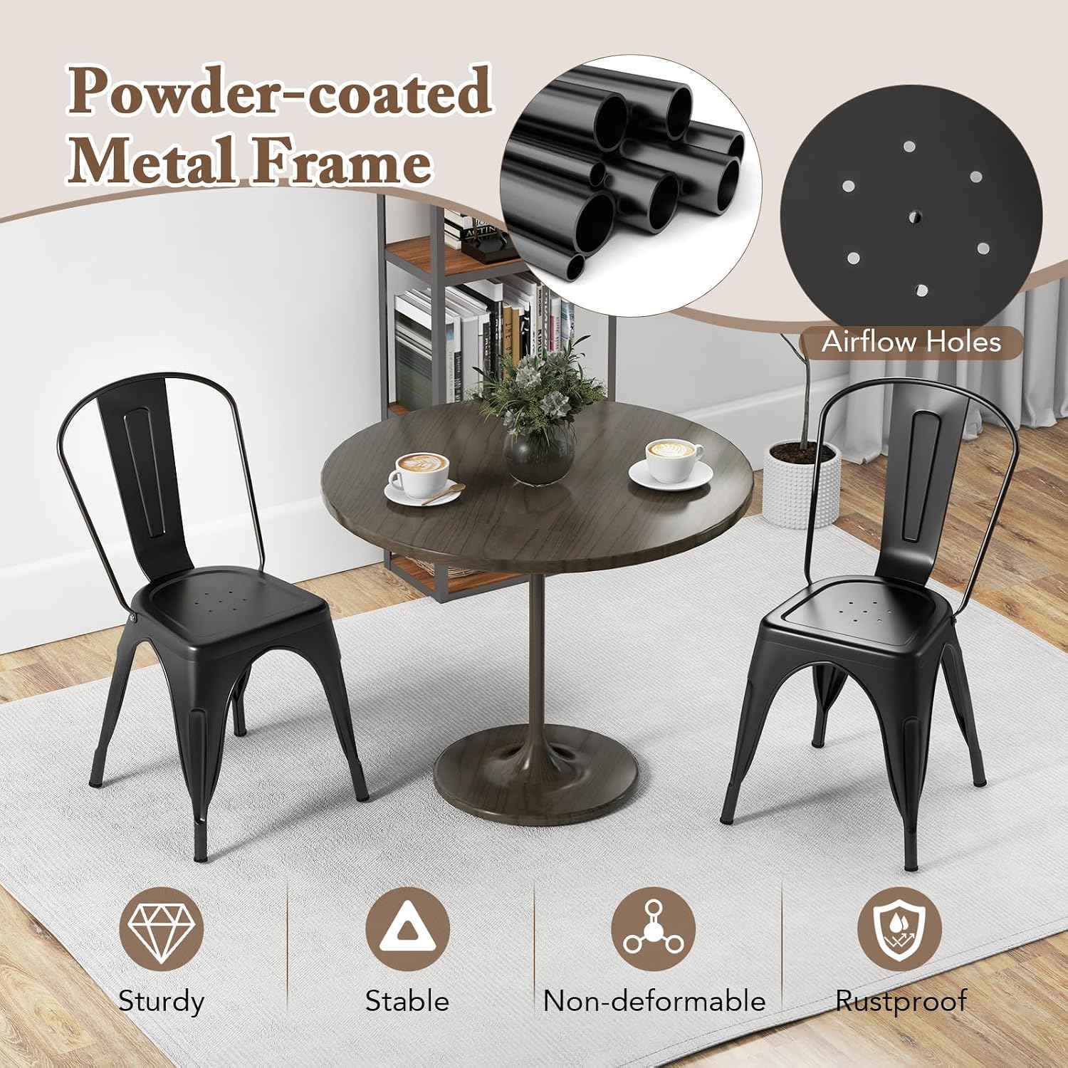 Giantex Metal Dining Chairs Set of 4, Farmhouse Kitchen Chairs with Removable Backrest, Space-Saving Stackable Bistro Cafe Side Chairs for Dining Room, Living Room, Restaurant (Black)