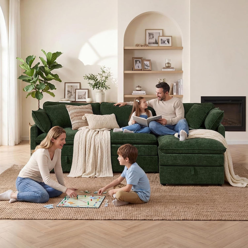 WorthFurni Modular Sectional Sofa with Storage Ottomans,103" L-Shaped Cloud Couch,Comfy Modern Couches with Pillows & Upholstered Deep Seat Cushion for Apartment Living Room Bedroom（Green）