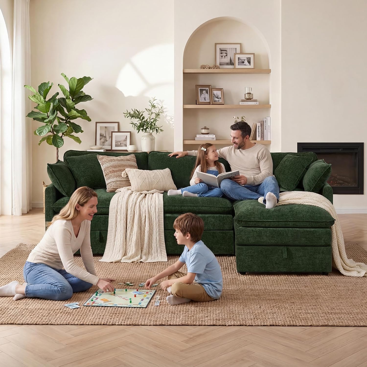 WorthFurni Modular Sectional Sofa with Storage Ottomans,103" L-Shaped Cloud Couch,Comfy Modern Couches with Pillows & Upholstered Deep Seat Cushion for Apartment Living Room Bedroom（Green）