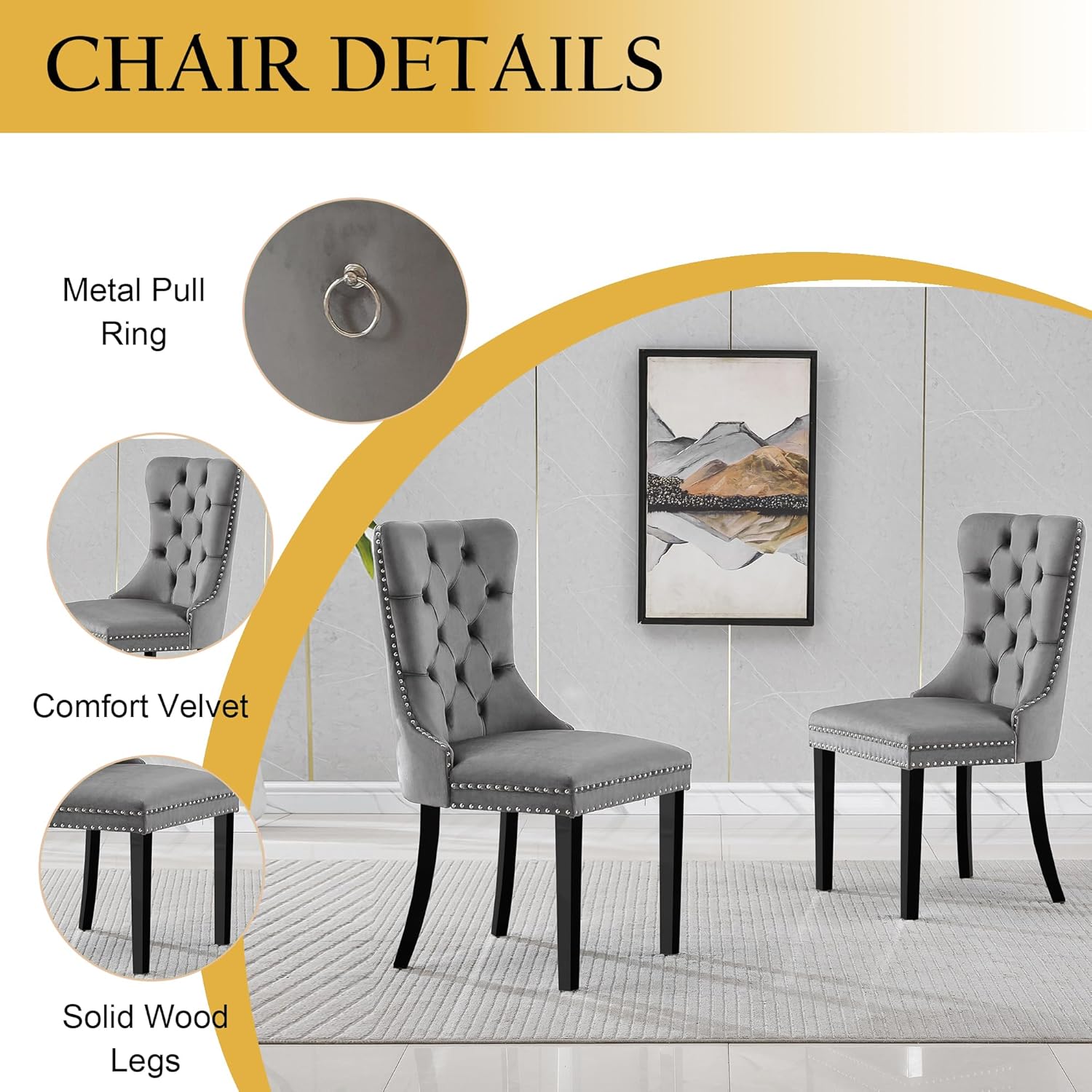 Round Glass Dining Table Set for 4, Modern 36 Inch Glass Kitchen Table with Silver Stainless Steel Legs and 4 Grey Velvet Chairs, for Dining Room, Apartment, Small Space