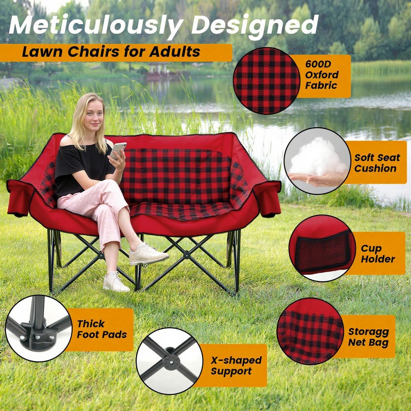 Heated Double Camping Chair, Padded Camping Couch with 3 Heat Levels and 4 Heating Zones, Oversized Camp Loveseat Support 800lbs for Soccer Games, Tailgating, RV Travel, Beach Days（Not Battery）