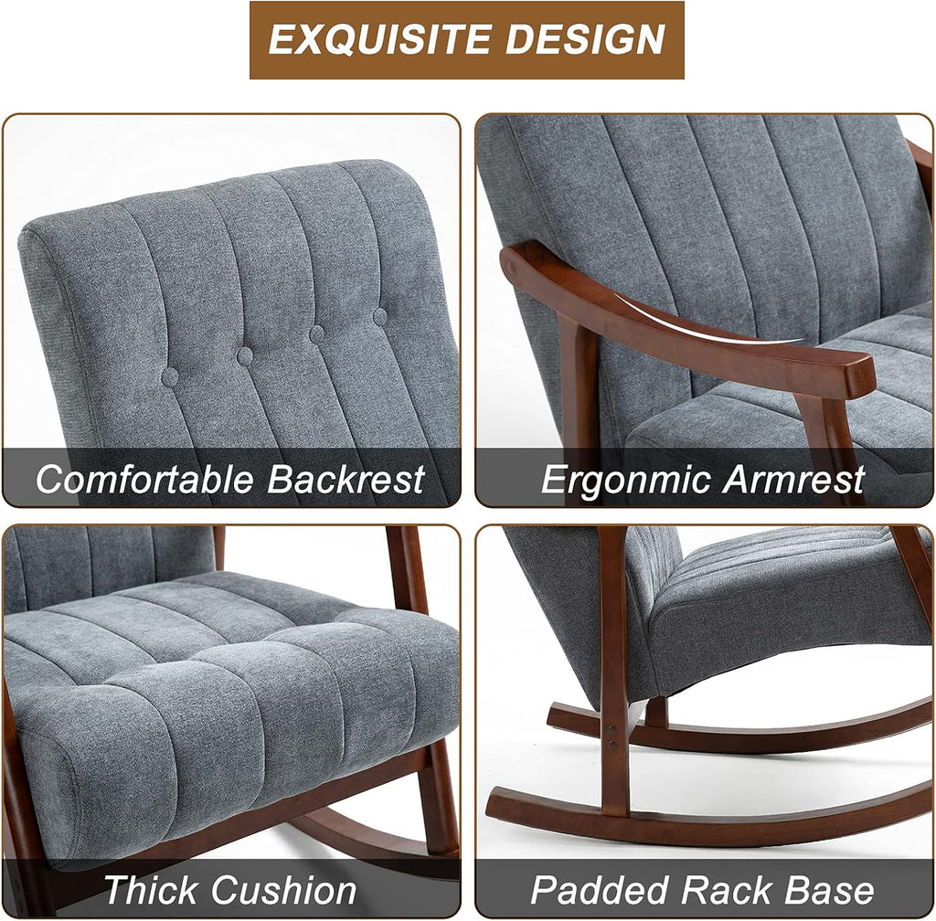 AVAWING Rocking Chair, Dark Grey Upholstered High Back Solid Wood Armchair | Soft Fabric Padded Seat; Sturdy Solid Wood Frame; Ergonomic High Back; For Adults; Easy Assembly; Living Room Bedroom Leisure