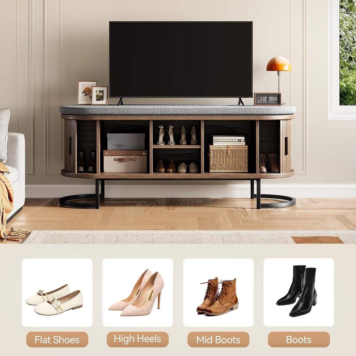 Decofy Shoe Storage Bench with Cushion and Sliding Doors, 47.2 Inch Shoe Bench with Storage, Freestanding Entryway Bench with Storage, Sturdy Metal Feet, for Hallway & Entrance Hall, Walnut