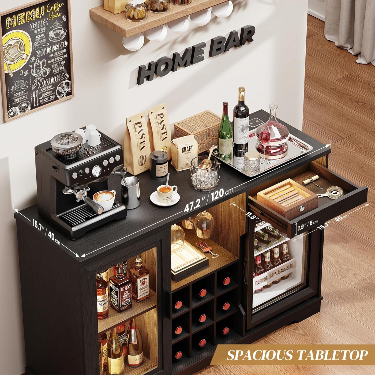 BROTTAR Large Coffee Bar Cabinet with Fridge (Fridge Included) | Liquor Wine Bar Cabinet with LED Lights, Glass Holder, Wine Rack, Human Body Sensor, Buffet Sideboard for Home, Black
