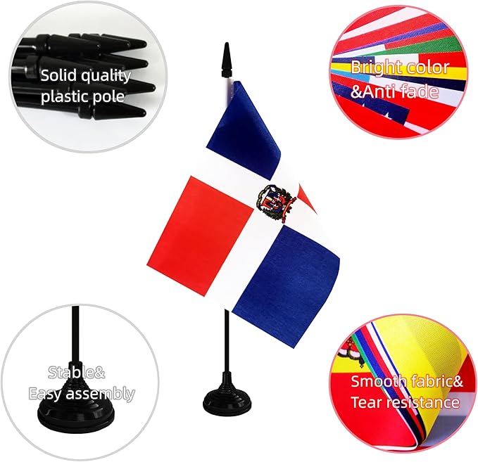 Dominica Republic Desk Flag, 12 Pack Dominican Republic Table Office Flag with Black Solid Pole and Stand Base, International Country Flag, Festival Celebration, Classroom Meeting Desktop Decor (Dominica)