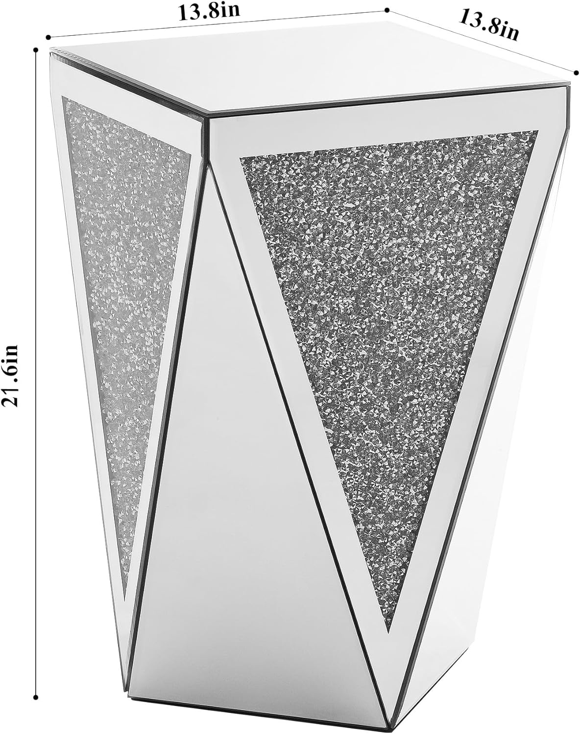 Henf Mirrored End Table Modern Inverted Triangular Side Table with Crystal Design Decorative Glass Accent Small Coffee Table Bedside Table for Home Decoration Crystal Diamond Bed Night Stand