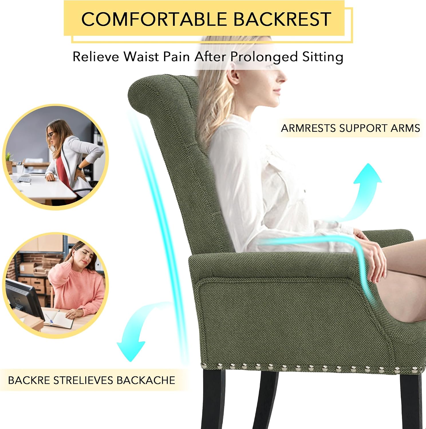 adochr Upholstered Fabric Accent Dining Chair, Arm Dining Chair with Elegant Tufted Club for Dining Room Kitchen Room, Green