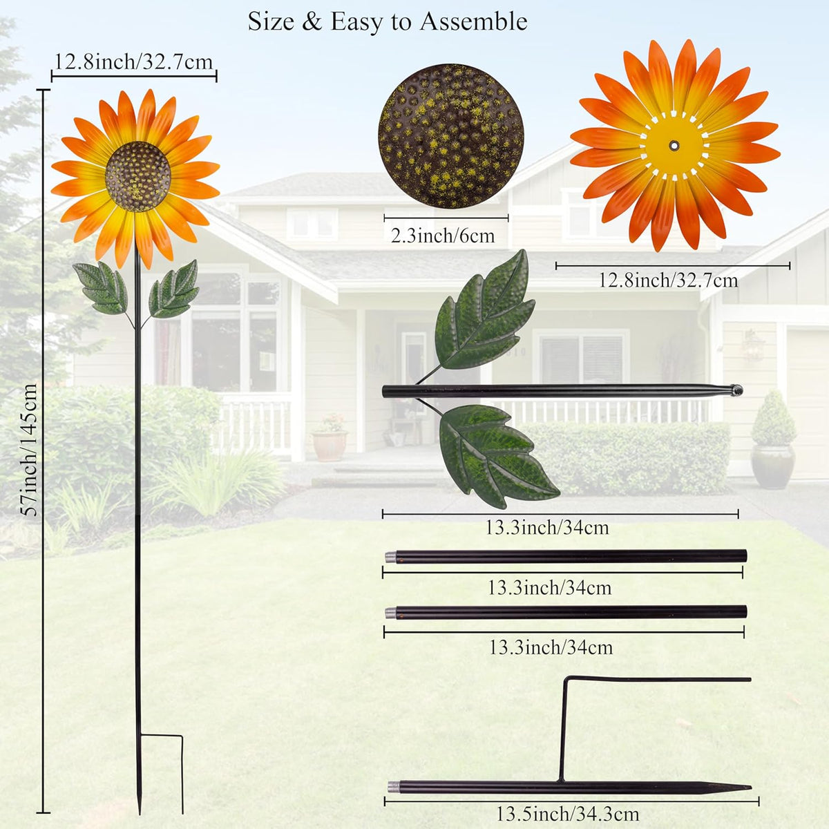 Sunflower Wind Spinner,Garden Windmills and Spinners for Yard,Metal Flowers for Outside,Metal Kinetic Wind Sculptures, 12.8 * 57 Inches