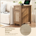 Narrow End Table with Charging Station - Midcentury Rattan Slim Side Table with USB Ports and Power Outlets, Nightstand with Flip Top and Storage Drawer, for Small Spaces Living Room Bedroom
