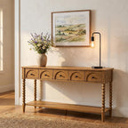 Pembroke 58” Cottage Sofa Console Table with Drawers & Lower Shelf Storage, Narrow Entryway Table or Dining Server with Levelers | Prairie Oak Natural