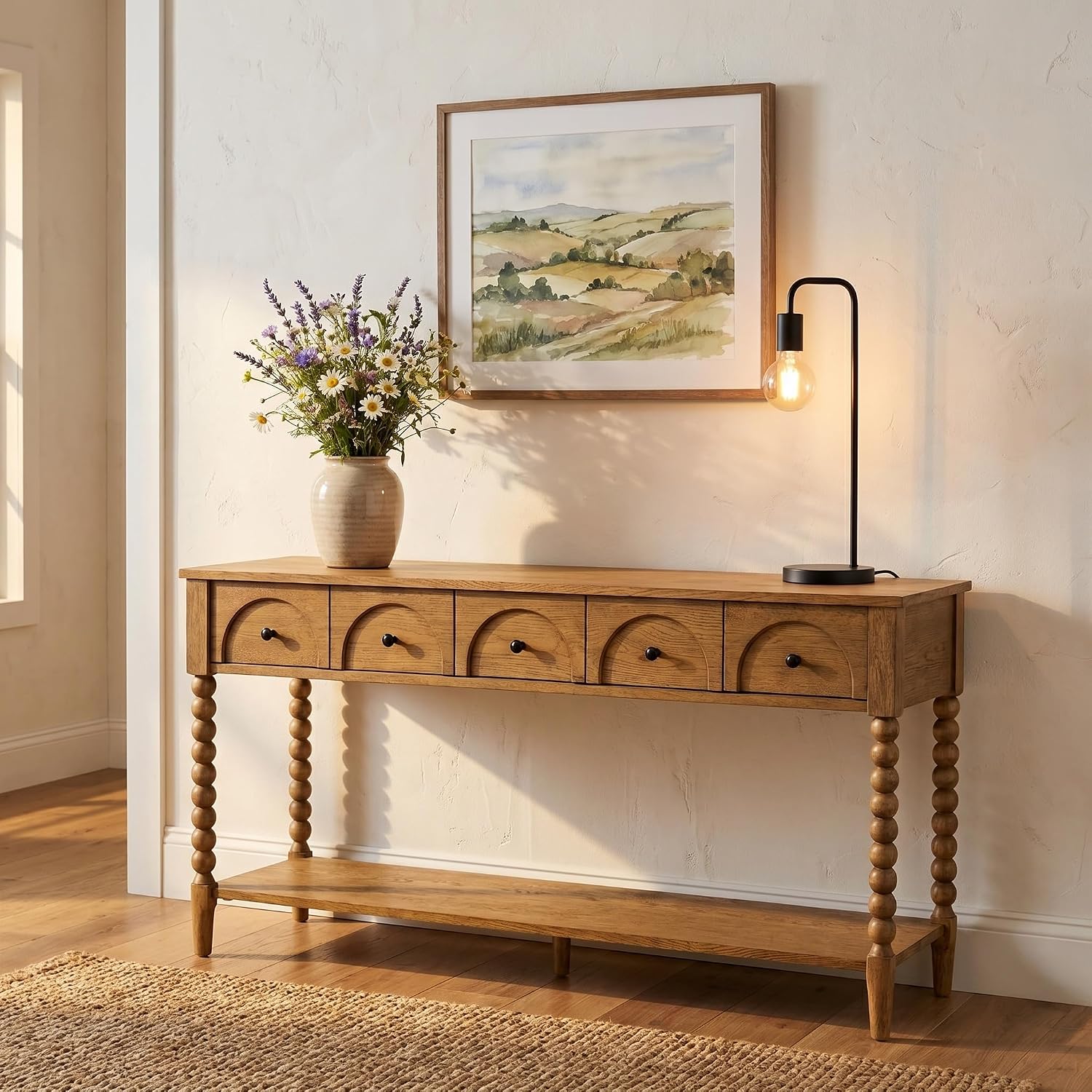 Pembroke 58” Cottage Sofa Console Table with Drawers & Lower Shelf Storage, Narrow Entryway Table or Dining Server with Levelers | Prairie Oak Natural