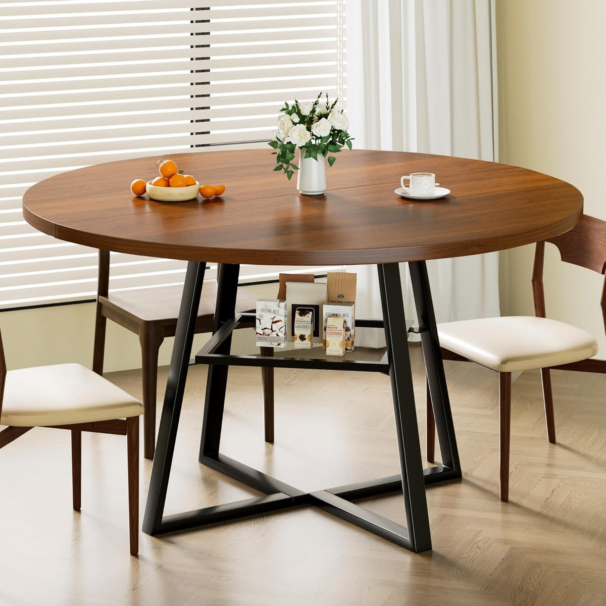 47 Inch Round Dining Table for 4-6, Space Saving Circle Kitchen Table with Storage, Mid Century Modern Dinner Table with Metal Legs, Wooden Farmhouse Dining Room Table for Living Room, Walnut