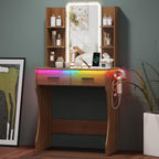 HUANLEGO Small Walnut Vanity Desk with Mirror and Lights for Women Girls | Vanity Mirror with Lights, 3 Lighting Adjustable, LED Light Strips, Built-in Power Outlet, Compact Dressing Table For Girls