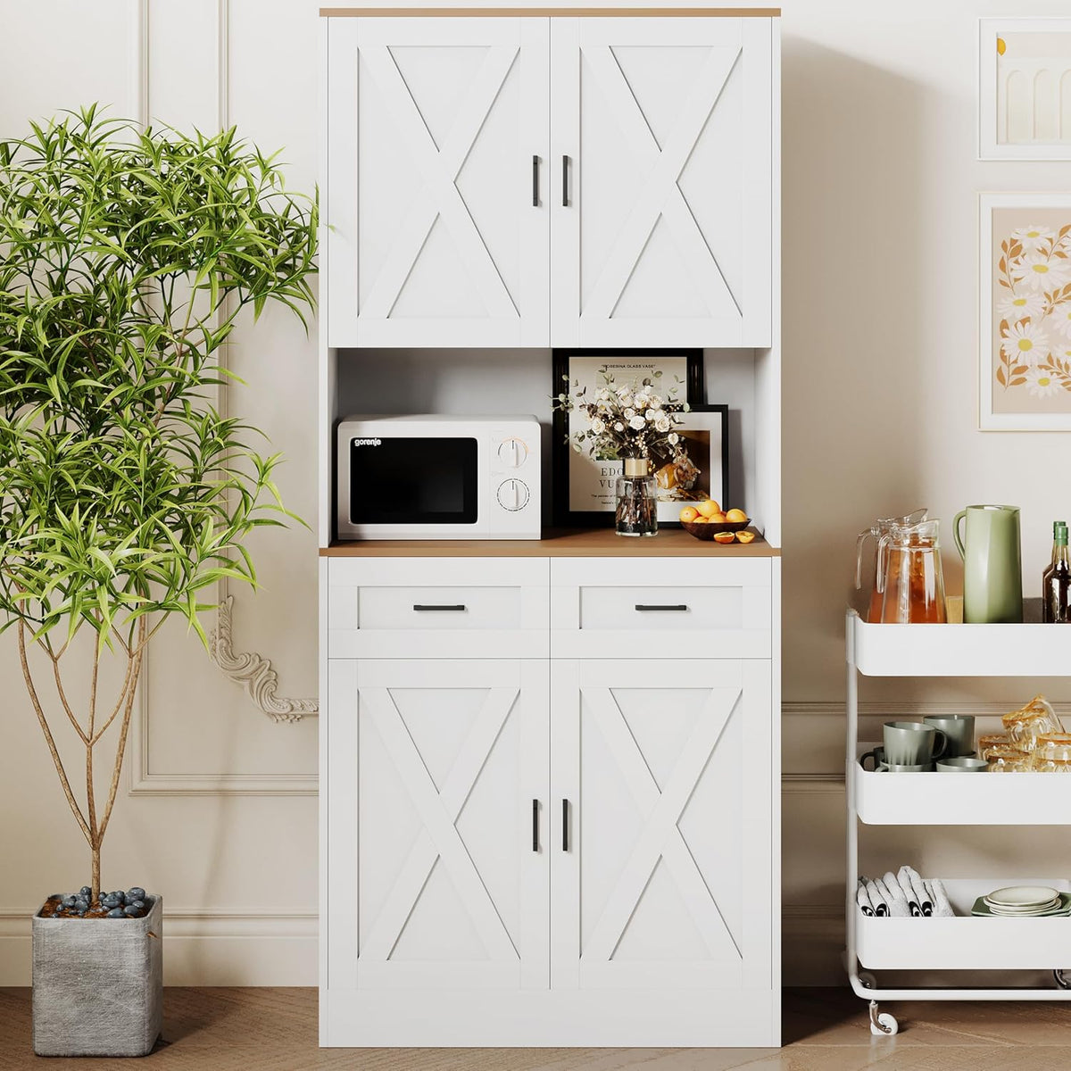 71" Tall Farmhouse Kitchen Pantry Cabinet , Storage Freestanding Cupboard, Modern Kitchen Hutch Bar Cabinet with Microwave Stand, Wood Buffet Sideboard with Drawers Shelves for Dining Room-White