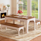 HUAHUU 63" Farmhouse Dining Table Set for 4-6, Kitchen Table with 2 Benches, Space Saving 3-Piece Rectangle Wooden Dinette Table Set for Dining Room, Breakfast Nook, Small Space, Brown & White