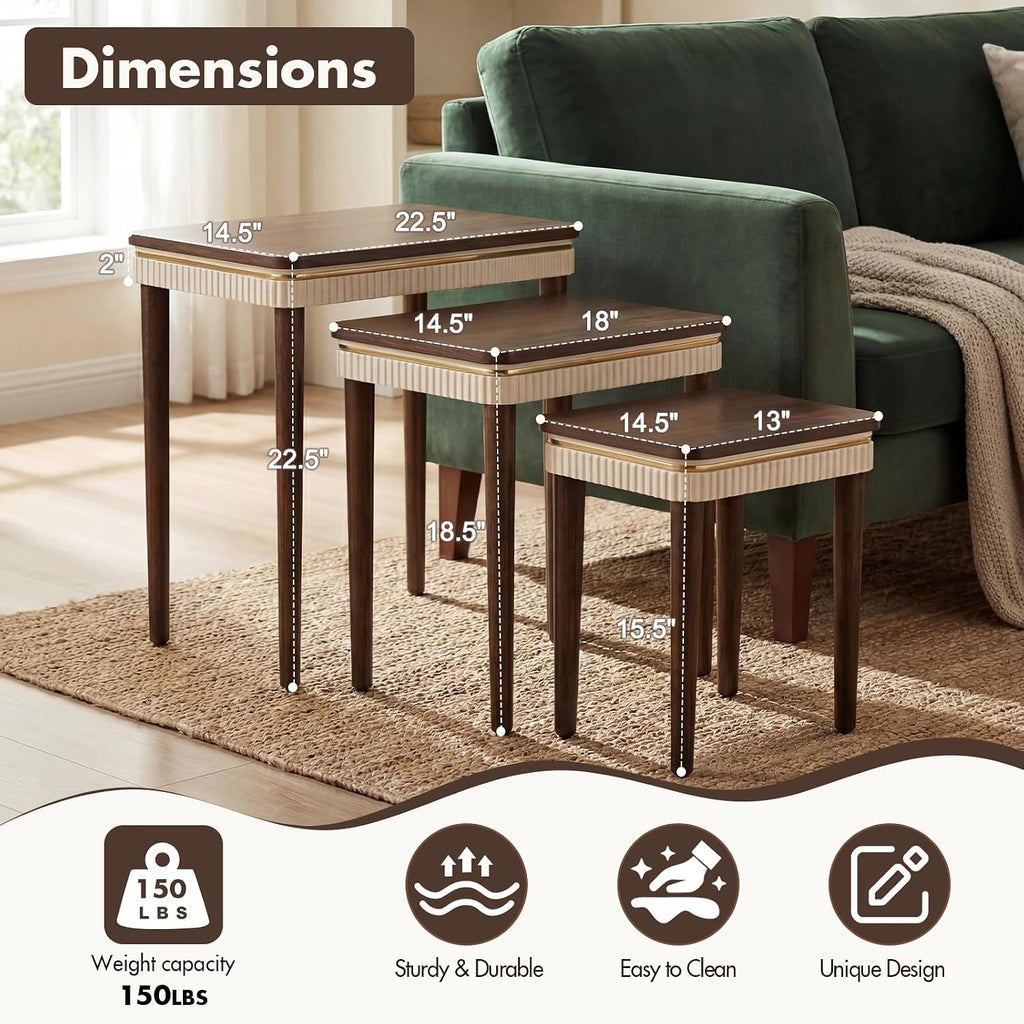 Hyfirm Walnut Nesting Tables Set of 3, Mid Century Side Tables | Space-Saving Stackable Design | Veneered Tops with Gold Trim | Rubberwood Legs