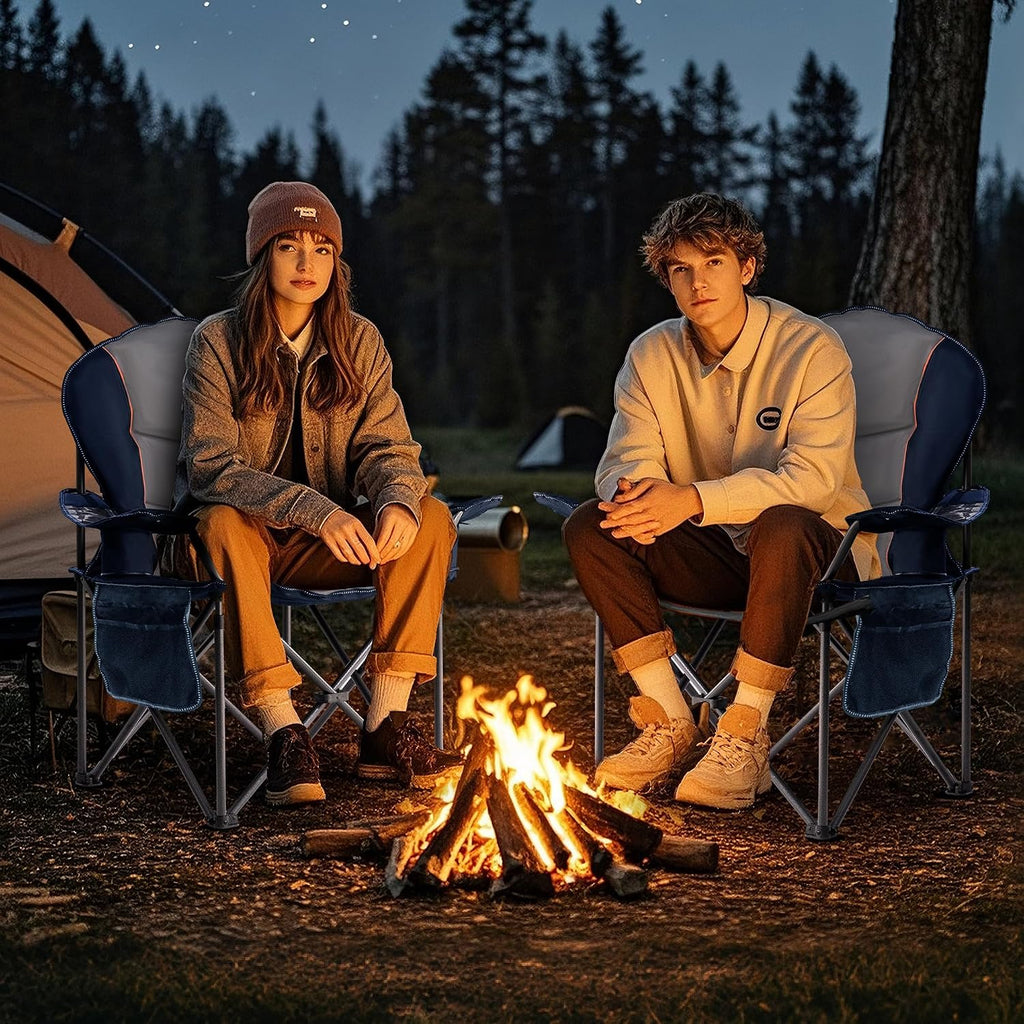 Oversized Camping Chair Heavy Duty- Portable Folding Chair, Cup Holder & Waterproof Phone Case for Adults, Beach, Hiking, Backyard (Blue & Gray, 2 PCS)
