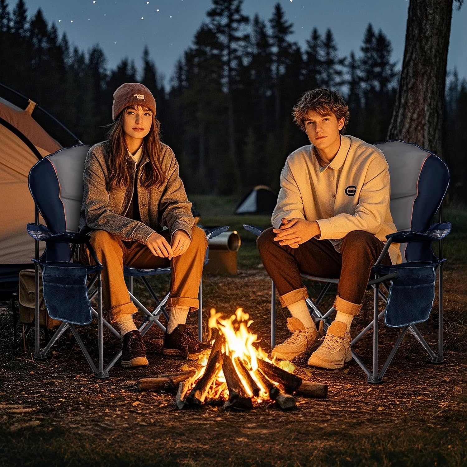 Oversized Camping Chair Heavy Duty- Portable Folding Chair, Cup Holder & Waterproof Phone Case for Adults, Beach, Hiking, Backyard (Blue & Gray, 2 PCS)