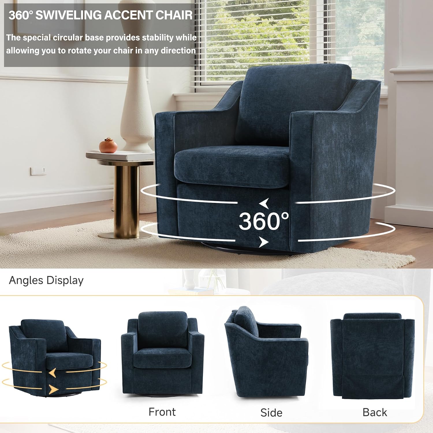 Swivel Accent Chairs Set of 2, Chenille Upholstered Armchair for Living Room, Modern Armrest Chair Comfy Single Sofa Bedroom Reading Seat with Lumbar Pillow - Navy