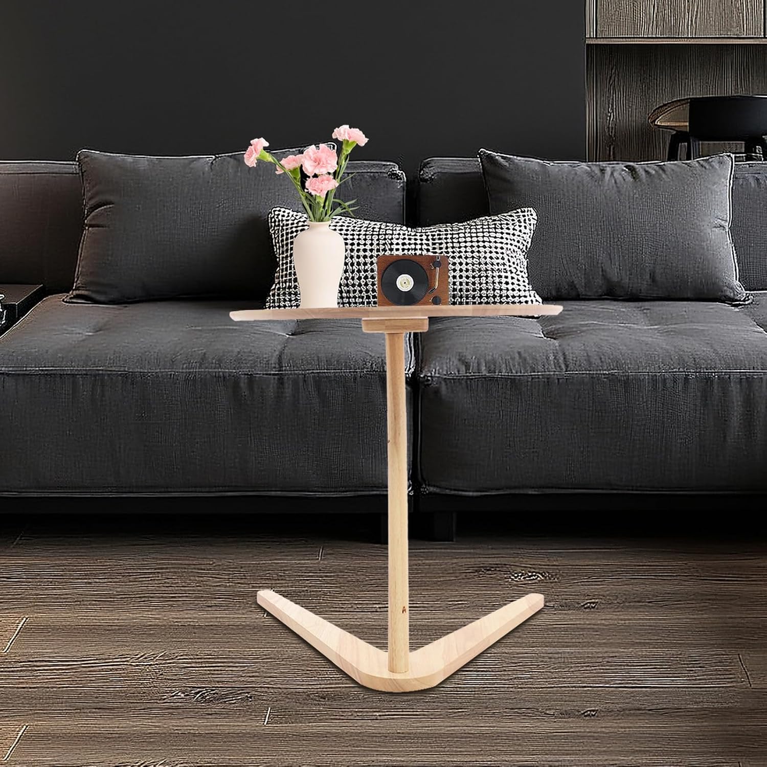 C Shaped End Table, Small Side Table, Wood Coffee Snack TV Tray Table with Metal Frame, Couch Side Table That Slides Under, Modern Sofa Tables with Round Tabletop for Sofa Couch Bed (Burlywood)