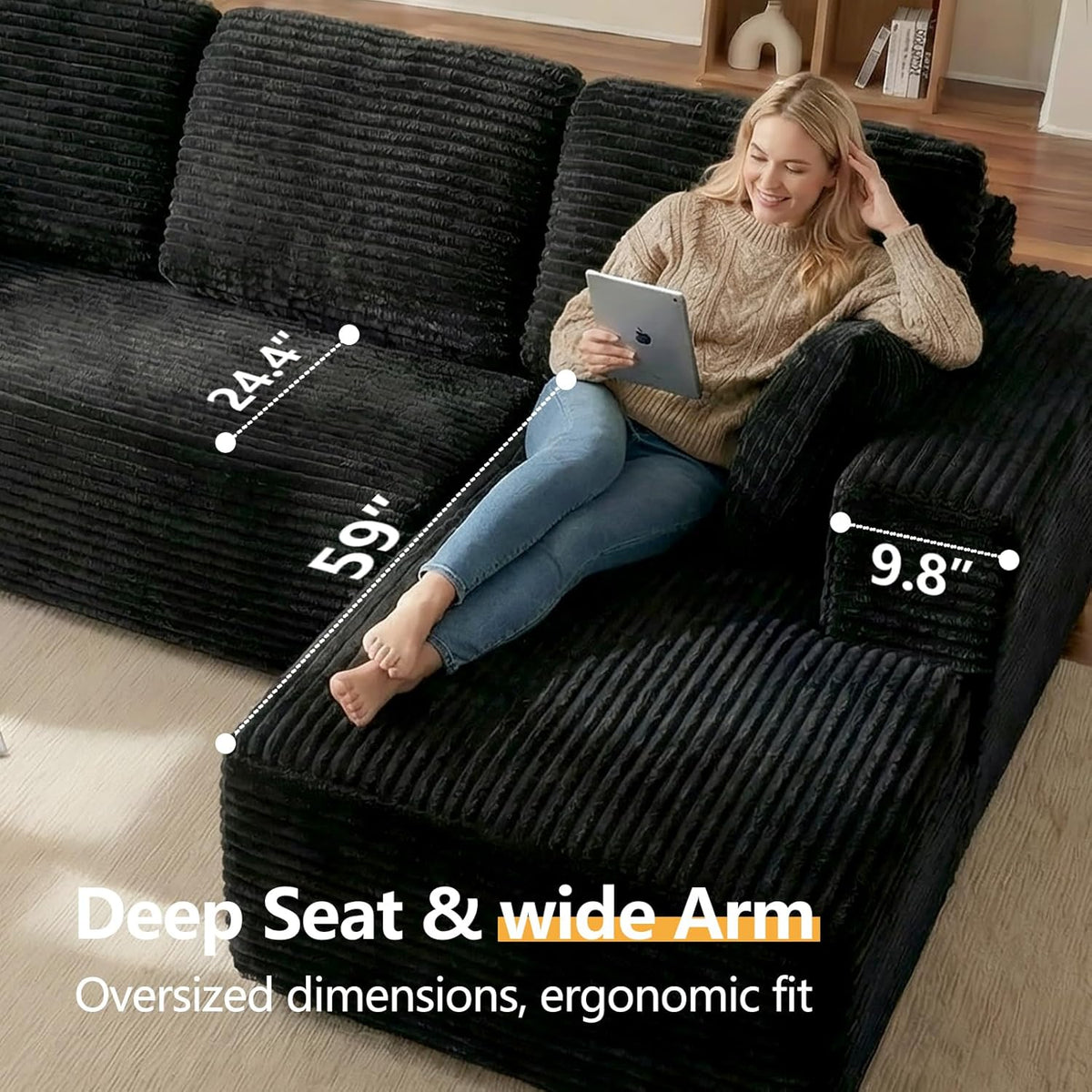 Modular L Shaped Sectional Couch, Cloud Style Sofa with Deep Seat Cushions, Sofa for Living Room and Apartment, Easy Assembly Couch in a Box (Black, 96" L Shape with Right Facing Chaise)