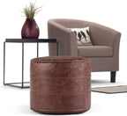 SIMPLIHOME Connor 18" Wide Round Pouf in Distressed Brown Genuine Leather | Boho footstool, extra seating for living room or bedroom with polystyrene filling, assembled; pouf ottoman or floor cushion.