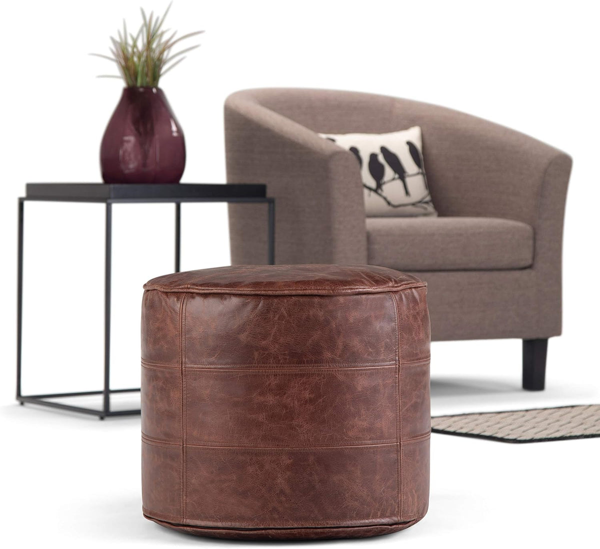SIMPLIHOME Connor 18" Wide Round Pouf in Distressed Brown Genuine Leather | Boho footstool, extra seating for living room or bedroom with polystyrene filling, assembled; pouf ottoman or floor cushion.