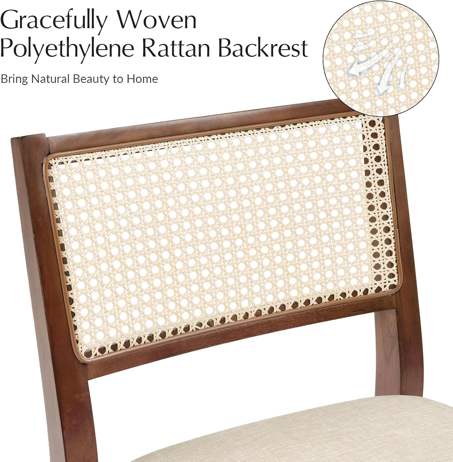 HULALA HOME Rattan Dining Chairs Set of 2, French Solid Wood Kitchen Dining Room Chairs with Curved Back, Upholstered Accent Dinner Cane Chair for Living Room Restaurant, Walnut