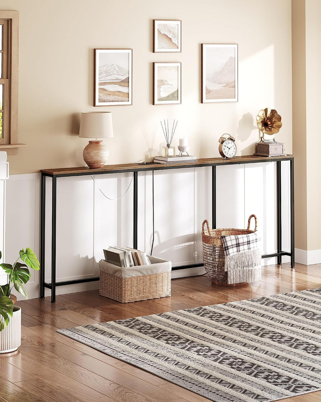 CHOEZON 78.7'' Narrow Console Table with Power Outlet 7.1" Skinny Sofa Table, Long Behind Couch Table with Charging Station, Entryway Table for Hallway, Living Room Rustic Brown and Black TXG20UBF