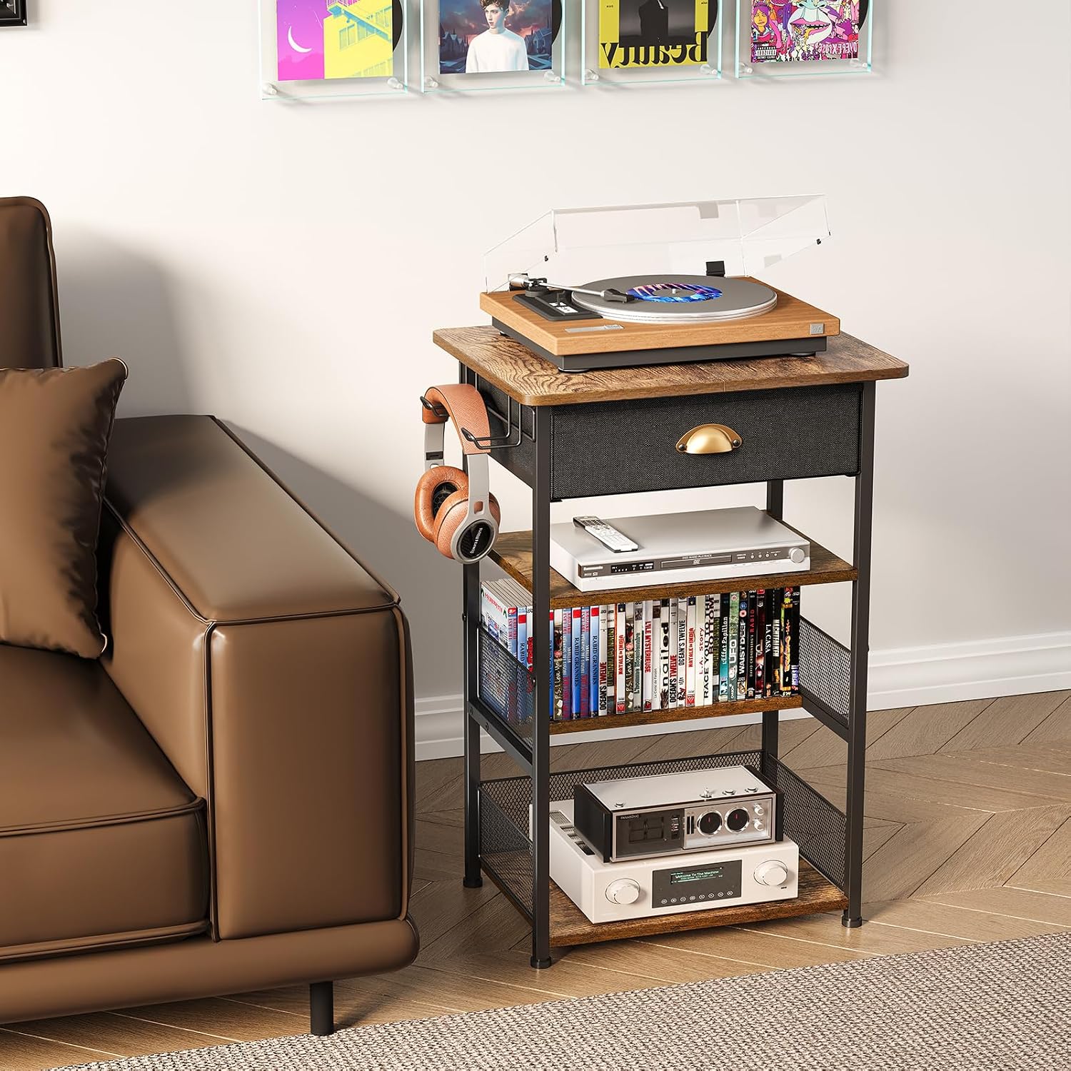 Hongtamoya 4-Tier AV Media Stand with Drawer, Gaming Console Shelf | Audio Rack Tower with 2 Hooks for PS5, Xbox, Switch, DVD Player, Record Player, Projector and TV Accessories Storage