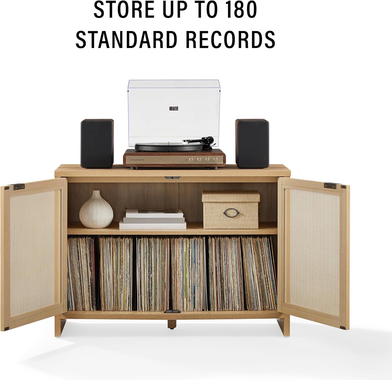 Crosley Furniture Kenji Record Player Cabinet with Vinyl Storage, Media Stand, Modern Home Organizer, Ash