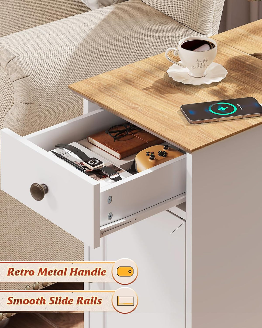WLIVE End Table with Charging Station, Narrow Sied Table with Drawer & Cabinet, Side Table with Adjustable Shelf for Living Room/Bedroom, Farmhouse Nightstand with Hidden USB Ports and Outlets, White