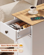 WLIVE End Table with Charging Station, Narrow Sied Table with Drawer & Cabinet, Side Table with Adjustable Shelf for Living Room/Bedroom, Farmhouse Nightstand with Hidden USB Ports and Outlets, White