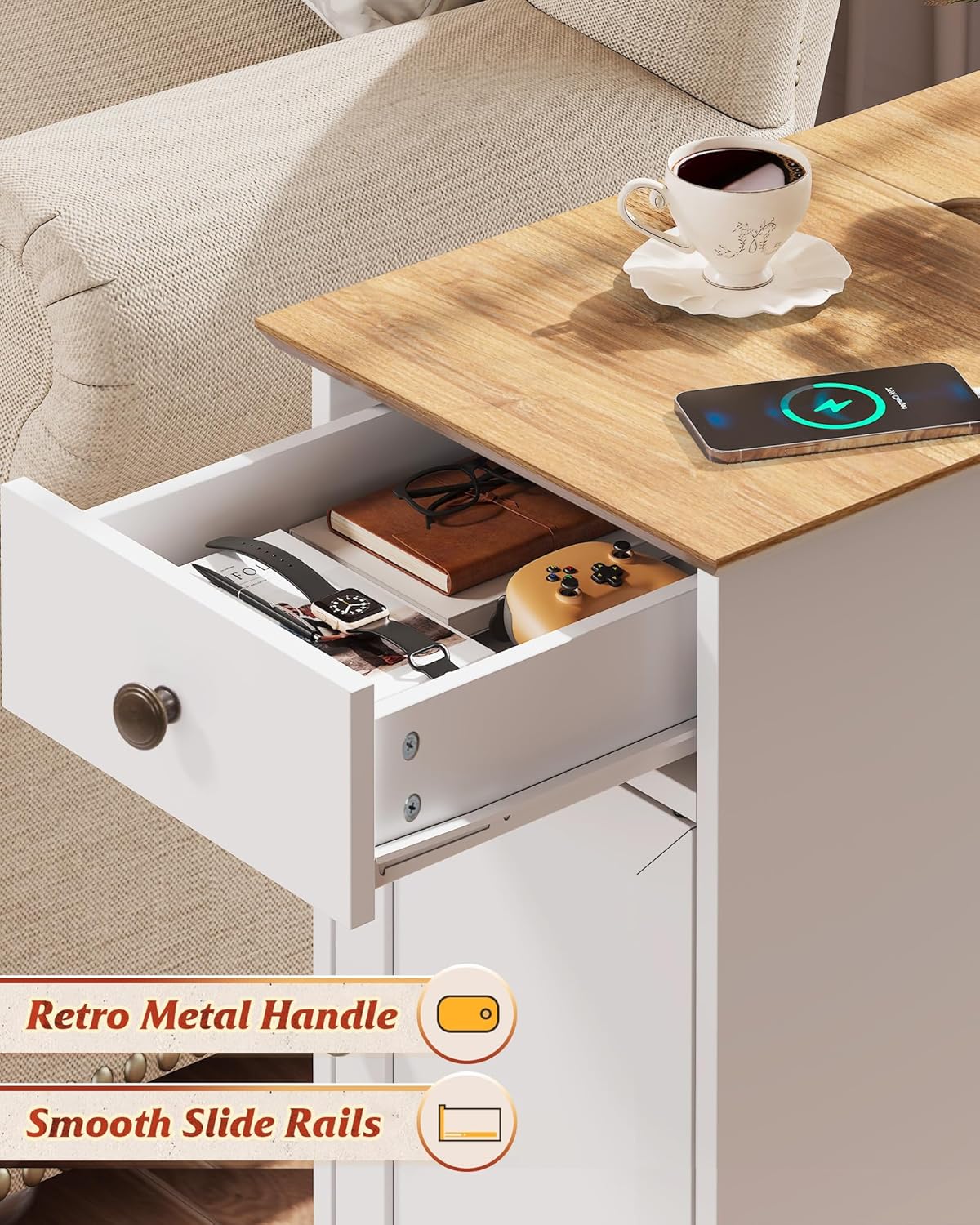 WLIVE End Table with Charging Station, Narrow Sied Table with Drawer & Cabinet, Side Table with Adjustable Shelf for Living Room/Bedroom, Farmhouse Nightstand with Hidden USB Ports and Outlets, White