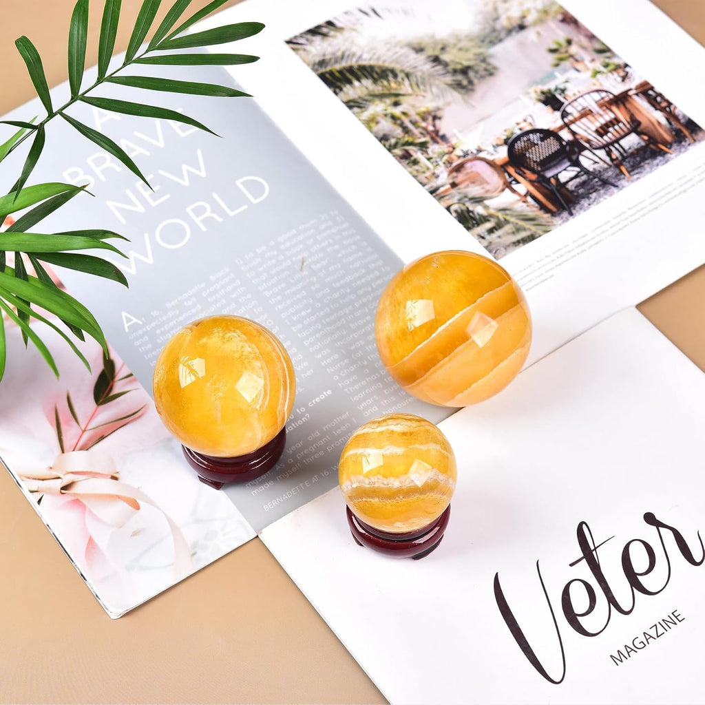 JIC Gem Natural Yellow Fluorite Crystal Sphere Crystal Decorative Ball with Wooden Stand Meditation Balls for Witchcraft Reiki Gift 40-50mm
