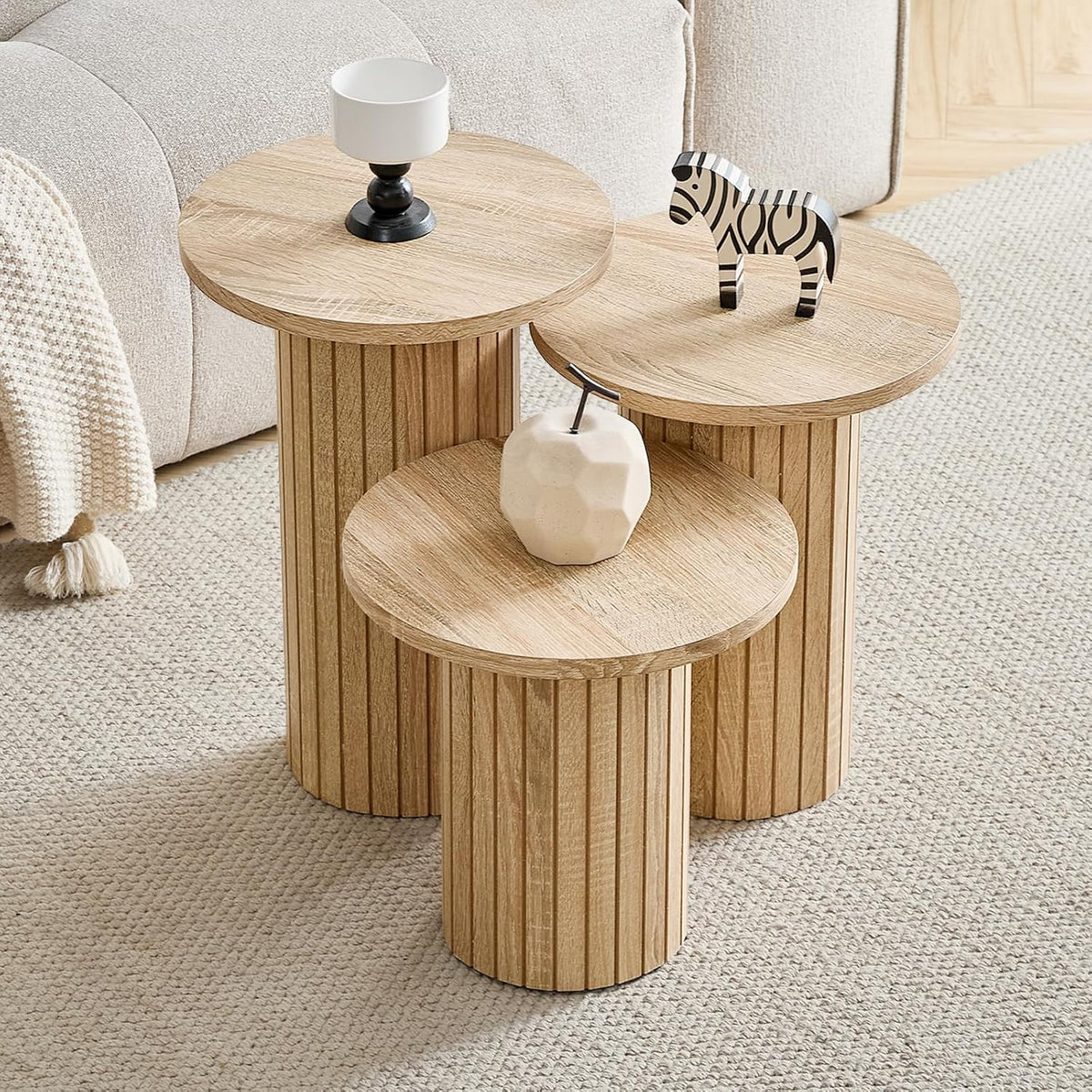 Round Nesting Coffee Table Set of 3 Mid Century Modern Wood Round Coffee Tables with Flexible Small Boho Circle End Table for Space Saving Living Room Comedor Home Office Bedroom(Natural)