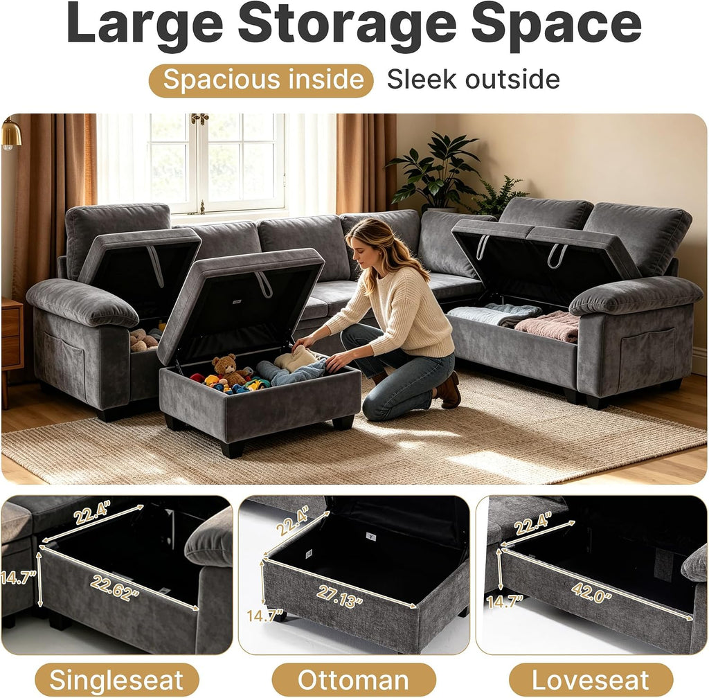 109" Sectional Sleeper 7 Sest Modular Couch Pull-Out Storage Sofa Bed | MastonHome Convertible U-Shaped Cloud Couch with Pillow Armrests, Chenille Fabric for Living Room, Apartment, Grey