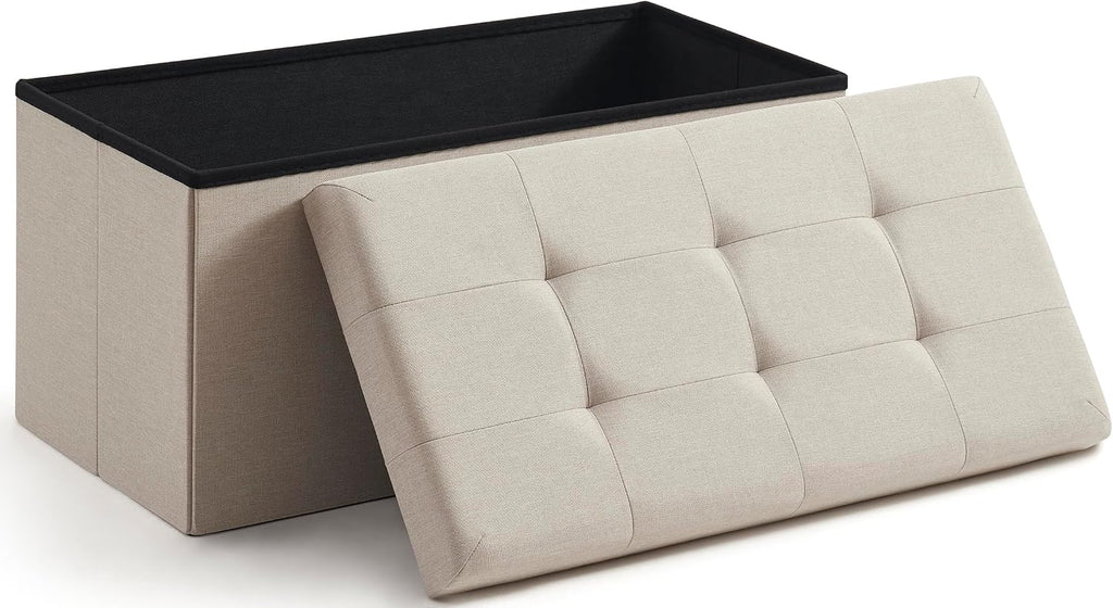 Ornavo Home 30 Inch Folding Storage Ottoman Bench, Tufted Linen, Beige | Upholstered Large Ottoman with Lid; Foot Rest Stool; Ideal for Bedroom, Living Room or Entryway