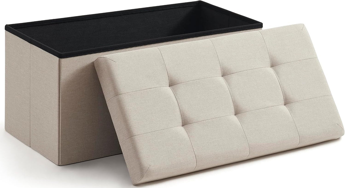 Ornavo Home 30 Inch Folding Storage Ottoman Bench, Tufted Linen, Beige | Upholstered Large Ottoman with Lid; Foot Rest Stool; Ideal for Bedroom, Living Room or Entryway