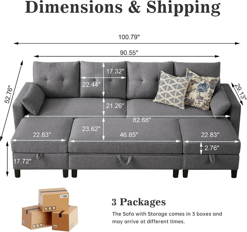 101" Convertible Sectional Sofa with Ottoman Coffee Table, Modern Linen Fabric U-Shaped Couch with Storage Pocket, 4 Seat Sofa Couches for Living Room, Apartment, Office, LightGrey